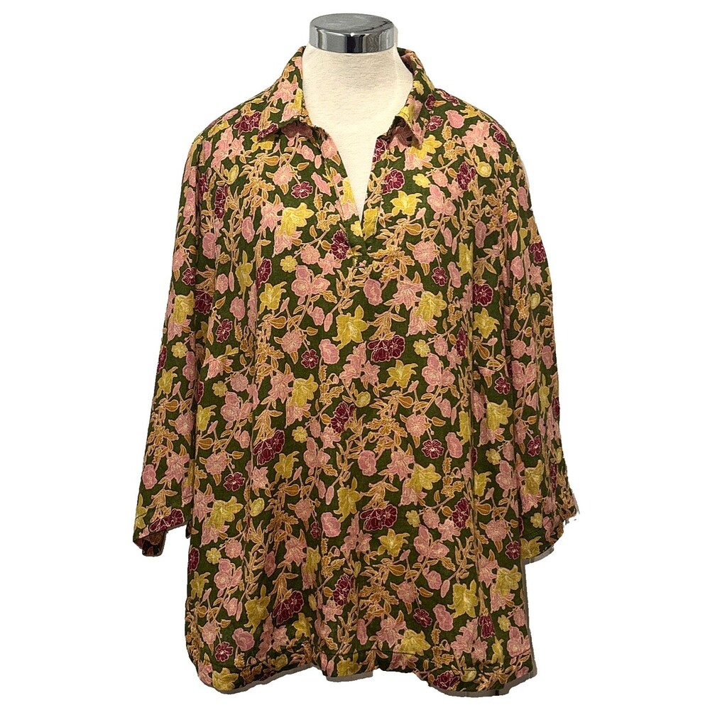 CYNTHIA ROWLEY 2X Linen Floral 3/4 Sleeve Cottage Core Boho Travel Blouse Top